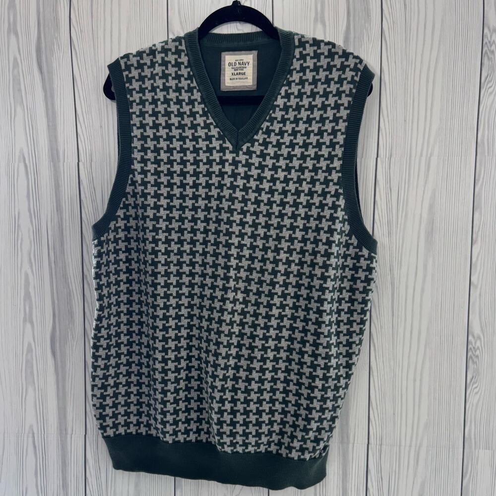 Y2K Old Navy Mens Extra Large Green Sweater Vest Checked Design Preppy